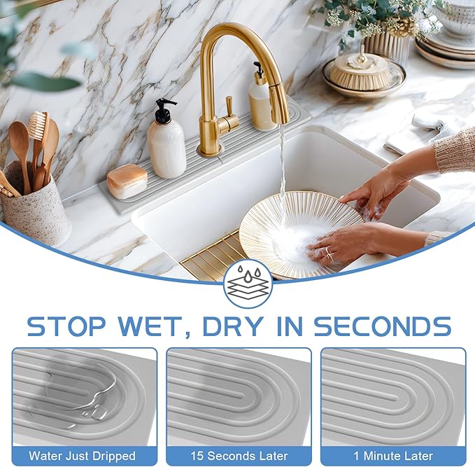 Stone Faucet Mat for Kitchen Sink, Water Absorbent Fast Drying Stone Tray for Sink , Quick Dry Diatomite Splash Guard for Bathroom Counter to Prevent Moisture Buildup, 23.6" x 4", Grey