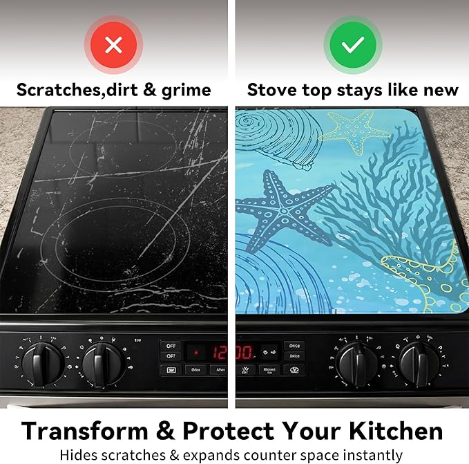 Decorative Stove Top Covers for Electric Stove 28"x20" – Heat Resistant Glass Cooktop Protector Dish Drying Mat – Non-Slip Rubber Backing Washer Top Cover Waterproof Extra Counter Space (Ocean 1)