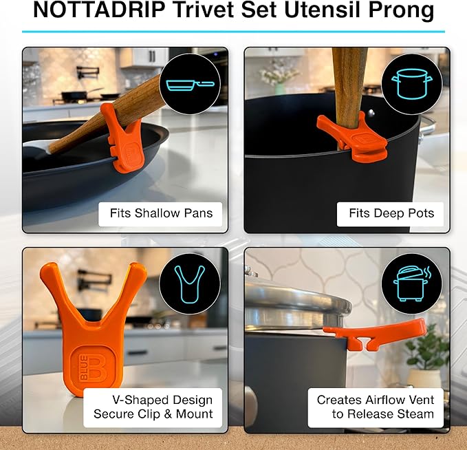 Nottadrip Silicone Spoon Rest for Stove Top - Kitchen Spoon Rest for Countertop, Ladle Holder, All in 1 Serving Station, Elevate Handles, Drip to Tray, Mess Free - 5PC Trivet Set - Orange