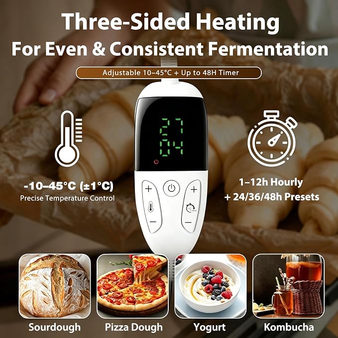 Folding Bread Proofing Box, 3-Sided Heating Dough Proofer with 50-113℉ Temp Control & Metal Rack, Bread Proofing Container for Home Baking, Pizza Dough, Sourdough Starter & Yogurt Making Black