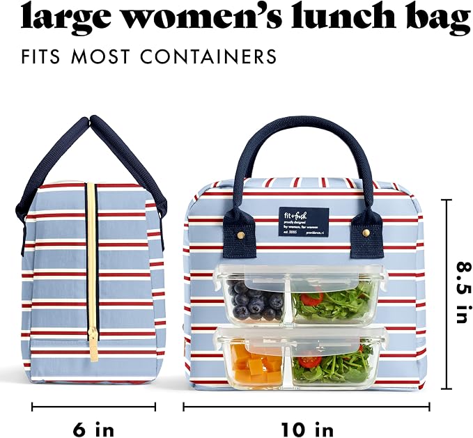 Fit & Fresh Bloomington Lunch Bag for Women - Insulated Large Lunch Box for Work with Containers, Leak-Resistant, Stain-Resistant, Zipper Closure, Rowing Stripe Blue