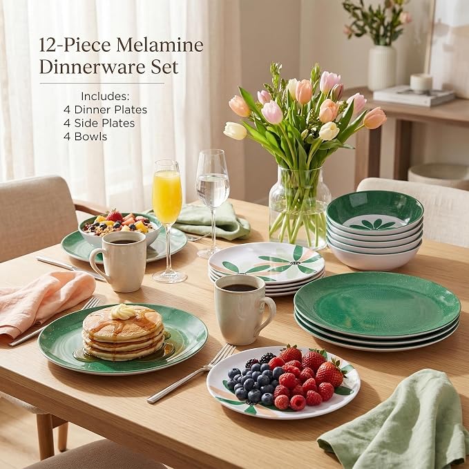 Outdoor Melamine Dinnerware Set 12 Pieces, Spring Party Green Flowers