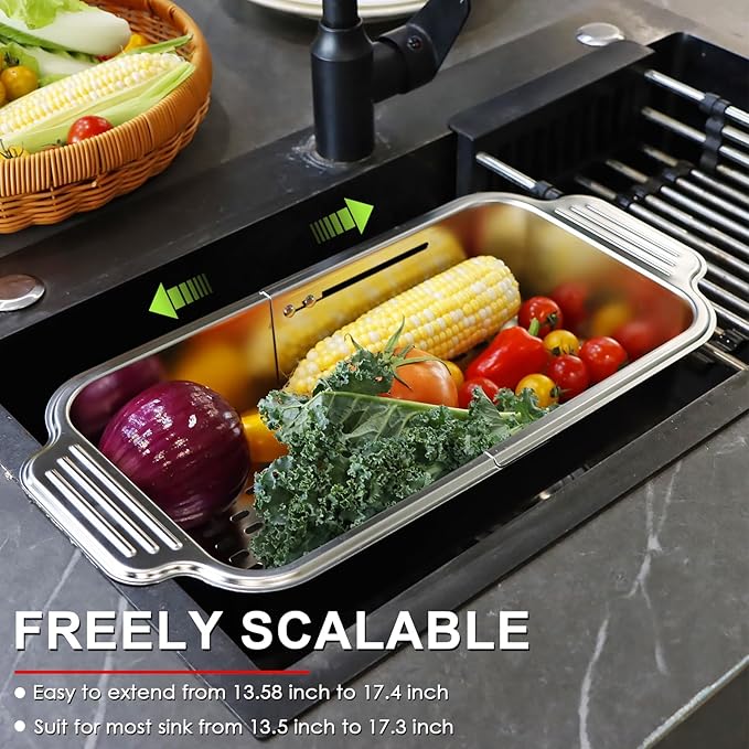 4 In 1 Collapsible Colander Strainer, 304 Stainless Steel Expandable Over the Sink Colander, Foldable Large Colanders Basket to Wash Vegetable and Fruits, Drain Cooked Pasta and Dry Dishes
