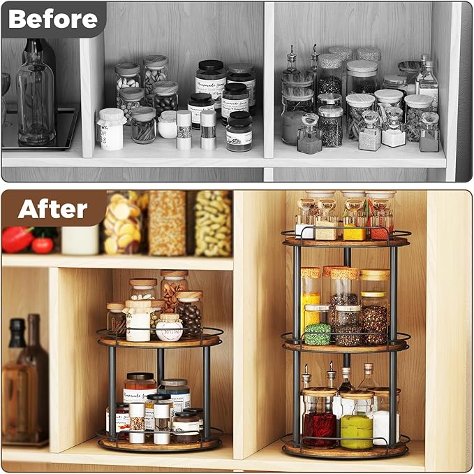 LAMU 2 Tier 9'' Lazy Susan and 10.2'' Wood Lazy Susan Turntable Organizer for Cabinet