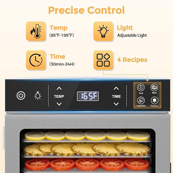 Suteck Food Dehydrator with 16 Stainless Steel Trays, 800W Dehydrator Machine with Dual Fans & 360° Airflow, Digital Temp & Time Control with 4 Presets, Quiet Food Dryer for Jerky, Fruit, Flower, Meat