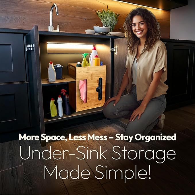 Under Sink Organizer for Kitchen Cabinet - Bamboo Trash Bag Dispenser & Bag Holder – Pantry Organizer & Garbage Roll Holder for Cleaning Supplies, Apartment Essentials & Home Organization