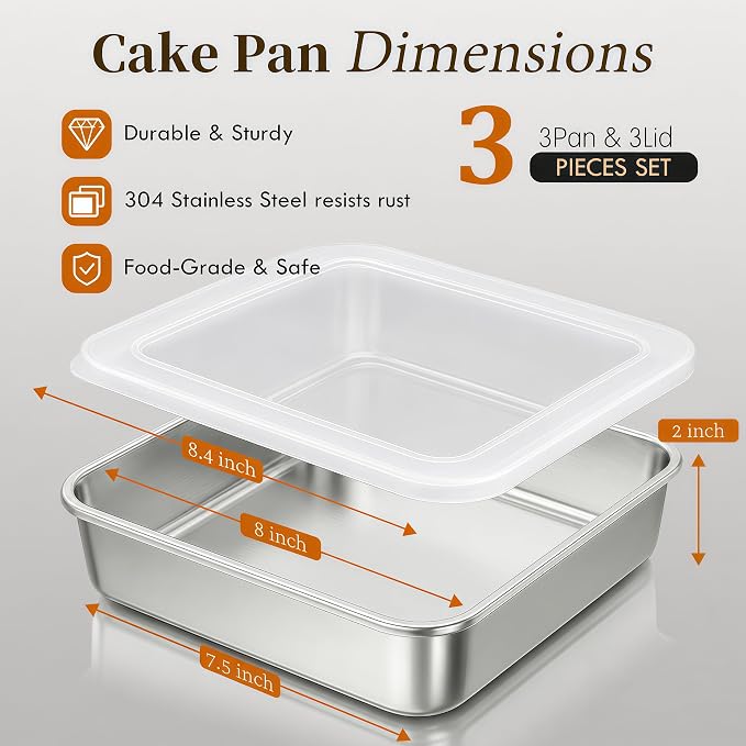 8x8 Stainless Steel Baking Pan with Lid, Square Brownie Cake Pan Set of 3 for Baking, Casserole and Meal Prep, 2 Inch Deep Metal Oven Pan, Dishwasher Safe