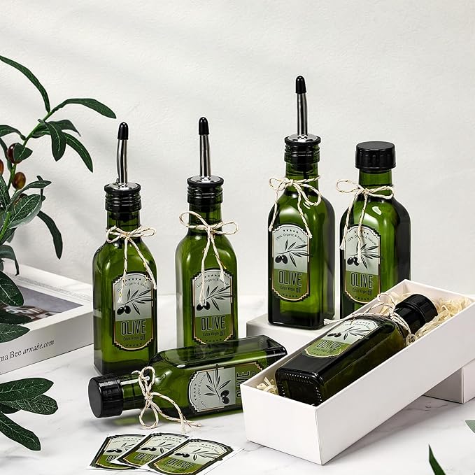 Honeydak 20 Pcs 5 oz Mini Glass Olive Oil Bottles with Pourers Sticker Glass Olive Oil Dispenser Vinegar Dispenser Set Empty Sauce Condiment Bottles for Christmas Kitchen Gift
