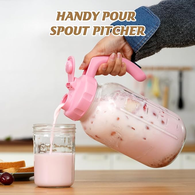 Soligt Glass Mason Jar Pitcher with Lid, Wide Mouth Flip Cap Pour Spout Leak-proof Lid with Handle, 64 oz (2 Quart / 1.9 Liter), for Iced Coffee/Sun Tea Juice/Cold Brew Coffee/Milk (1Pack, Taffy Pink)
