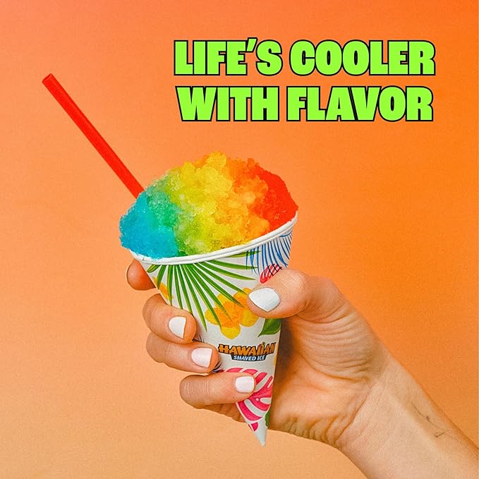 Hawaiian Shaved Ice Syrup Assortment with 6 - 16oz Bottles, 50 Snow Cone Cups, Spoon Straws, and Pouring Spouts. Flavors: Tiger’s Blood, Pina Colada, Blue Raspberry, Grape, Cherry, Lemon-Lime