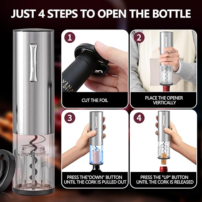 Electric Wine Opener, Rechargeable Automatic Wine Bottle Opener with Foil Cutter, Wine Stopper, LED Light, Type-C Charging Wine Corkscrew for Home Party Wedding, Stainless Steel