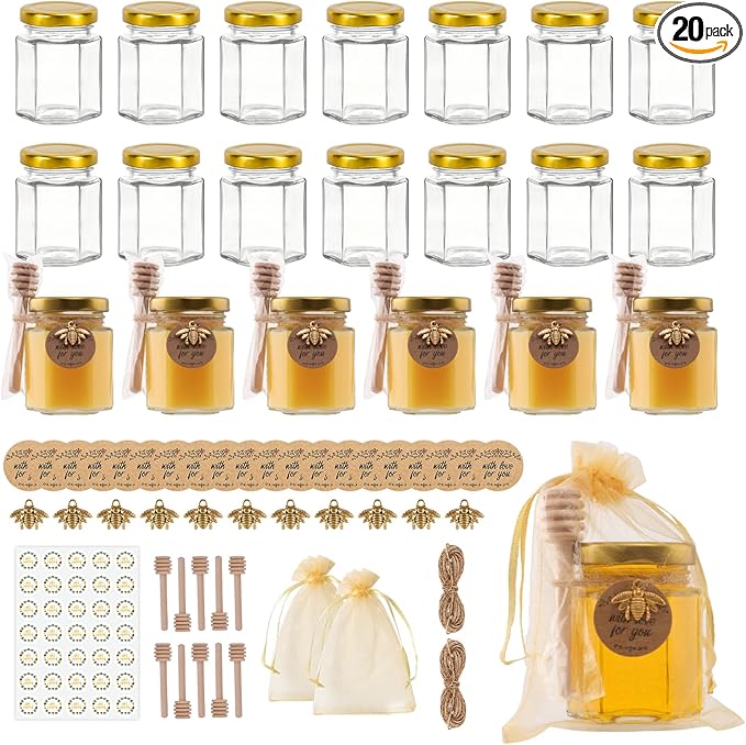 3 oz Mini Glass Honey Jars | 20-Pack Honey Jars with Wood Dippers, Gold Lids, Gift Bags, Bee Charms, Labels, Tags, Twine | Perfect for Baby Shower Party Favors, Wedding Favors, Bridal Showers