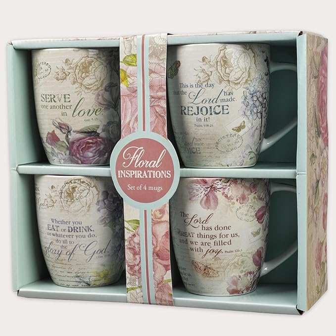 Christian Art Gifts Ceramic Coffee/Tea Mug Set for Women | Vintage Botanic Floral Inspirations Design Bible Verse Mug Set | Boxed Set/4 Coffee Cups
