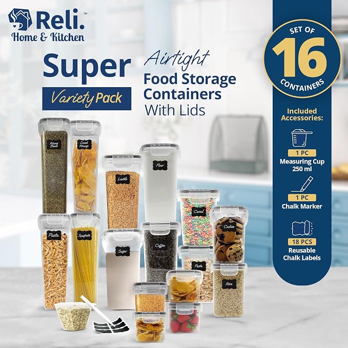 Reli. Airtight Canister Set with Lids (16 Set) | Clear Plastic Food Storage Canisters | Variety Pack | BPA-Free