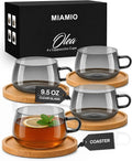 MIAMIO - 4x Glass Coffee/Tea Cups with Saucer (9.5 oz), Cappuccino Mugs/Tea Cup/Glass Mug for Coffee, Tea, Matcha, Latte, Coffee Cup with Saucer in a Set of 4 - Olea (Grey)