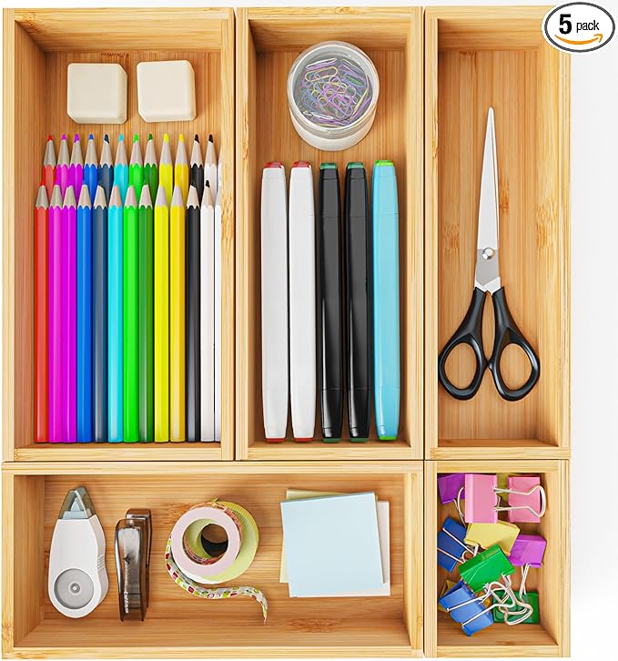 Bamboo Drawer Organizer Boxes, 5 PCS Junk Drawer Organizer, Wooden Storage Trays for Kitchen, Bathroom, Office, Makeup