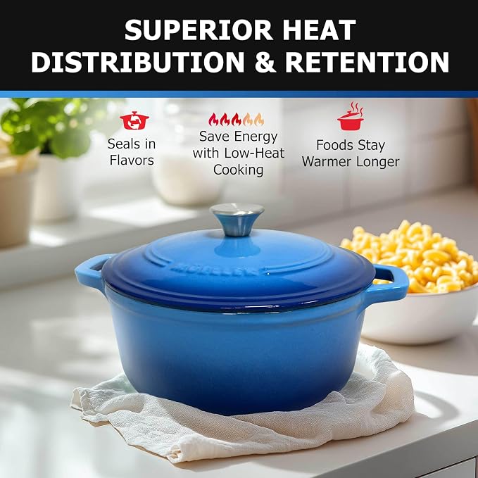 MUELLER HOME 7.5 QT Enameled Cast Iron Dutch Oven, Heavy-Duty Casserole Dish and Braiser Pan with Lid and Stainless Knob, Oven-Safe up to 500° F & Across All Cooktops, Aqua Blue