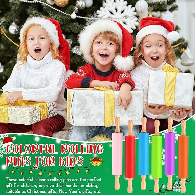 Dandat 6 Pcs Small Rolling Pin Kids 12 Inch Mini Silicone Rolling Pin for Baking Non Stick Kids Dough Roller with Wooden Handle for Kitchen Cookie Pastry Fondant Cake 6 Colors