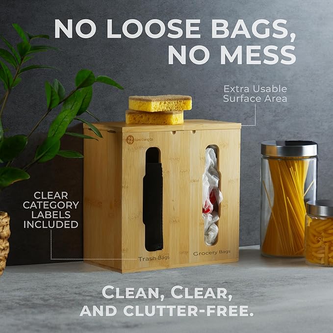 2-in-1 Bamboo Plastic Bag Holder and Trash Dispenser – Small/Compact (Standard Trash Bags Only), Cabinet, Under Sink Storage, Pantry & Laundry Room Organization, Kitchen Must Haves 2026