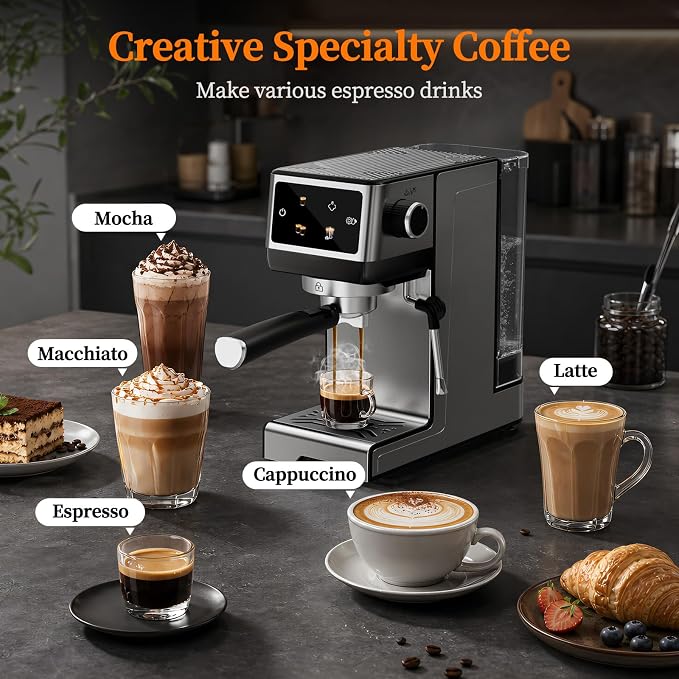 20Bar Espresso Machine with Poweful Milk Frother Rapid Cold Brew, Easy to Use Compact Espresso Maker, Fast Heat 1350W Barista-Quality Home Cappuccino Latte Machine,45oz Water Tank, Silver