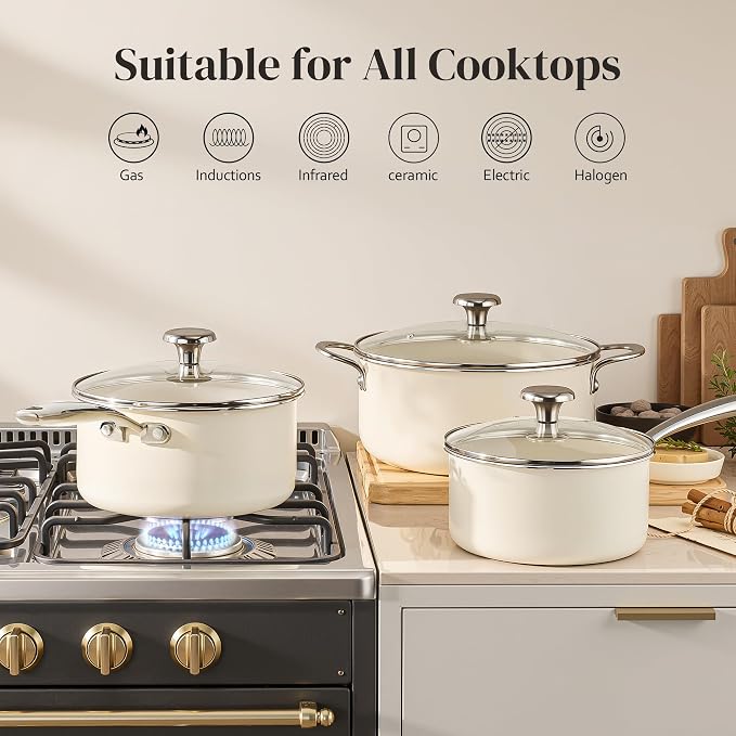 Redchef Stock Pot Set with Lid 5Qt, Ceramic Saucepan Set 2.5/3.5Qt, Induction Cooking Pot Set, Nonstick Cookware Set For Stoves, Even Heat, Stay-Cool Handle, Oven/Dishwasher Safe, PFAS Free (Beige)