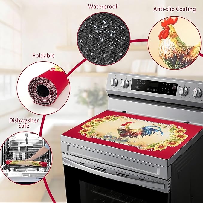 Farmhouse Rooster Stove Top Covers for Electric Stove 20x28 Inch Farmhouse Heat Resistant Glass Top Stove Cover Washable Foldable Cooktop Protector