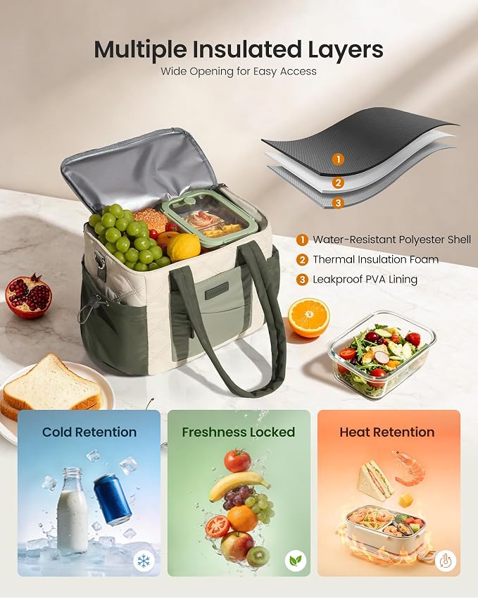 LOVEVOOK Lunch Box for Women, Quilted Insulated Lunch Bag Tote with 40oz Water Bottle Holder, Large Leakproof Cooler Bag for Women with Shoulder Strap, Work Office Nurse Teacher Picnic Travel