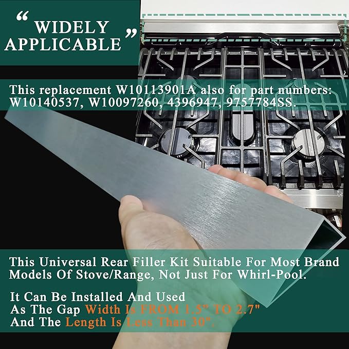 30" Slide In Range or Stove Rear Filler Trim Kit, Universal Fill Strip for Gap Between Slide-In Stove Range and Wall, W10113901A Compatible with Whirlpool and Most Brand, Durable Aluminum, Sliver