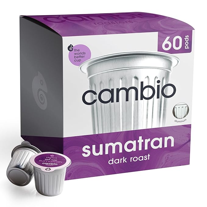 Cambio Roasters Sumatran Dark Roast Organic Coffee Pods - The Only Organic Recyclable Aluminum Coffee Pods, Small Batch Roasted, Keurig® Compatible, Bold Flavor & Longer Lasting Freshness, 60 Count
