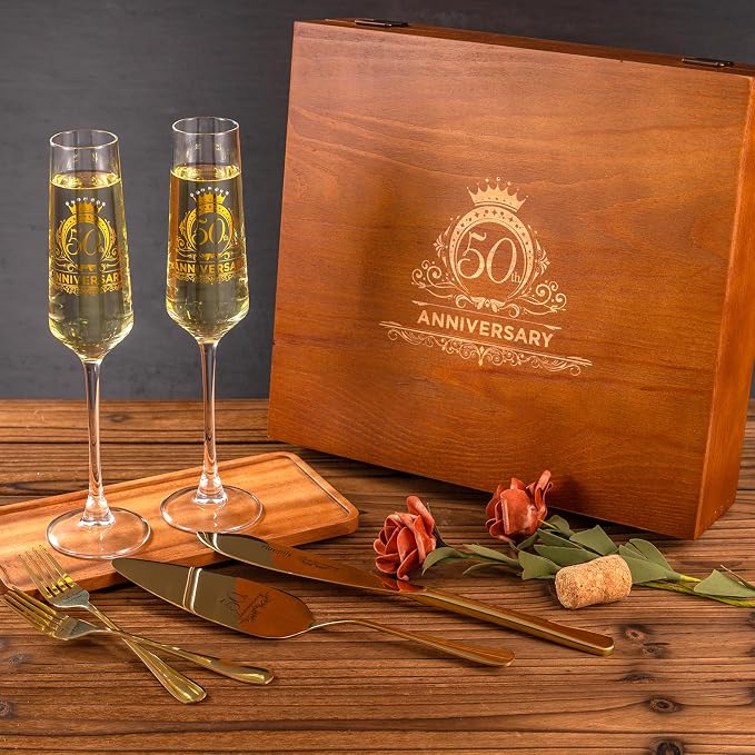 50th Wedding Anniversary Champagne Flutes Gifts, 50th Anniversary Decorations Gold Cake Cutting Set for Wedding Anniversary 50th Gifts for Parents