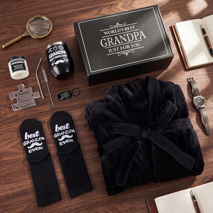 Sieral 6 Pcs Grandpa Gifts for Fathers Day, Best Grandpa Ever Gifts Set from Grandson Granddaughter - Bathrobe, 12oz Tumbler, Socks, Acrylic Plaque, Keychain, Candle and Gift Box for Father's Day