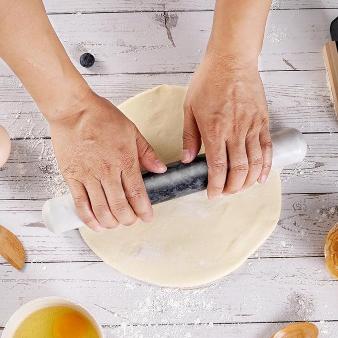 Tianman French Marble Rolling Pin.12 Inchs Marble Rolling Pin for Baking With Wooden Base Holder Stand-Non-Stick Baking Roller for Baking Fondant, Pizza,Cookies,Crust,Pasta(White-Black-White)