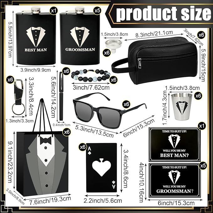 Set 6 Groomsmen Proposal Gifts - Groomsmen Gift Boxes with Leather Bag，Tuxedo Flask, Funnel，Shot Glasse，Poker Card Bottle Openers, Sunglasses, Pen，Bracelet, Card & Gift Bags for Wedding Party （Black）