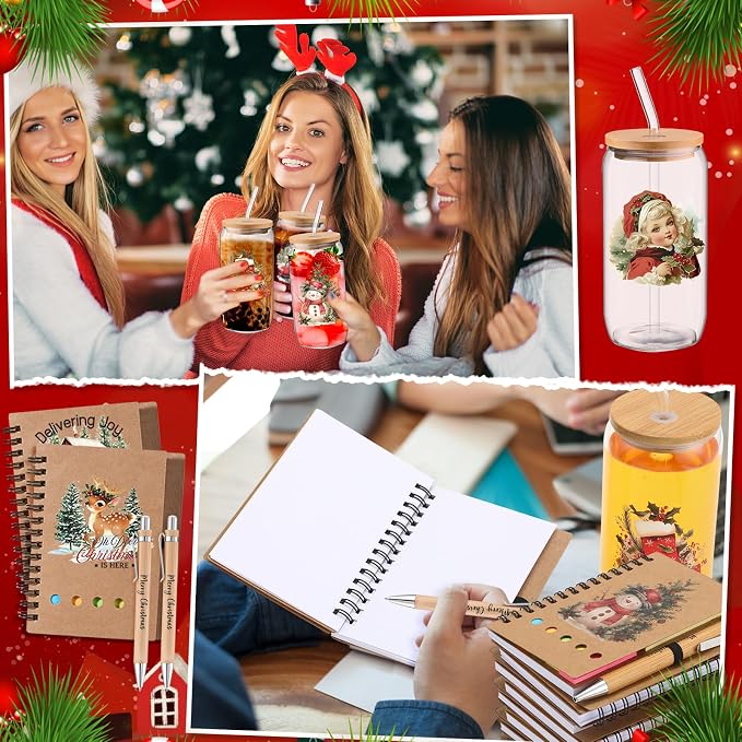 Skylety 12 Set Christmas Gifts Bulk 16 oz Santa Glass Cups with Lids Straws Xmas Notebook Sticky Note Pens for Women Students School Office Holiday Party Favors