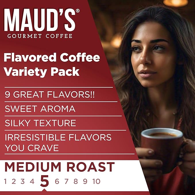 Maud's Flavored Coffee Pods Variety Pack, 40 ct, 9 Assorted Flavors, Medium Roast Flavored Coffee in Single Serve Pods – 100% Arabica Beans, Compatible with Keurig K Cups Maker