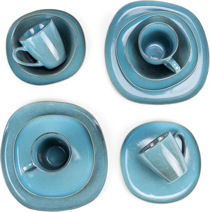 Elanze Designs 16-Piece Modern Luxury Chic Smooth Vintage Handmade Shape High Gloss Ceramic Stoneware Square Plate Mug & Bowl Kitchen Dinnerware 16 Piece Set - Service for 4, Turquoise