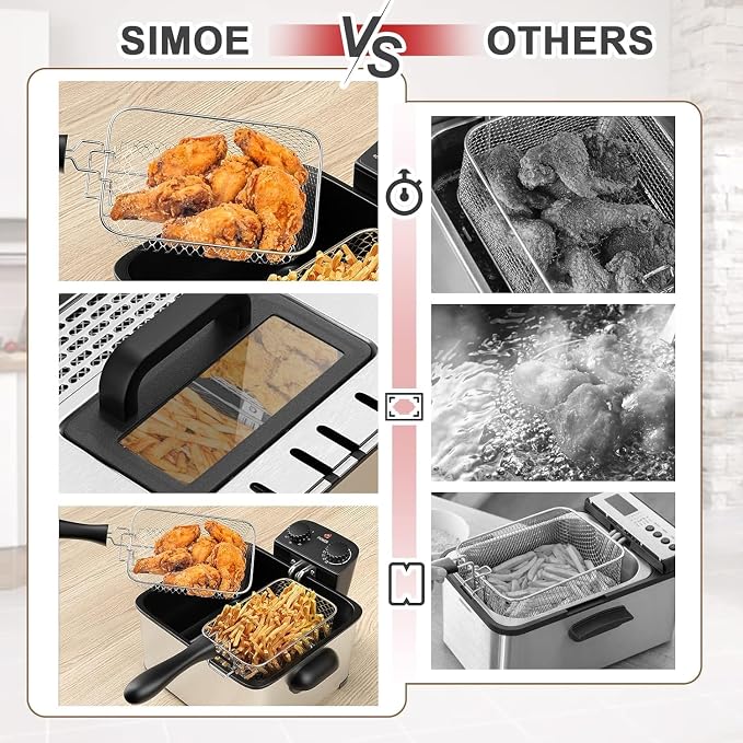 Deep Fryers with 3 Baskets - Simoe 5.3QT/21 Cup Electric Large Fryer Countertop, 1700W Stainless Steel Deep Oil Fryer with Lid, Adjustable Temperature & Timer & View Window, Professional Grade