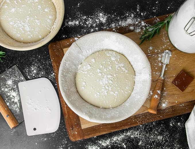 Kook Banneton Bread Proofing Set, Artisan Sourdough Bread Making Kit, 9 Inch Handwoven, Rattan Basket and Liner, Metal & Plastic Dough Scrapers, Scoring Lame & Case, 4 Extra Blades, Round