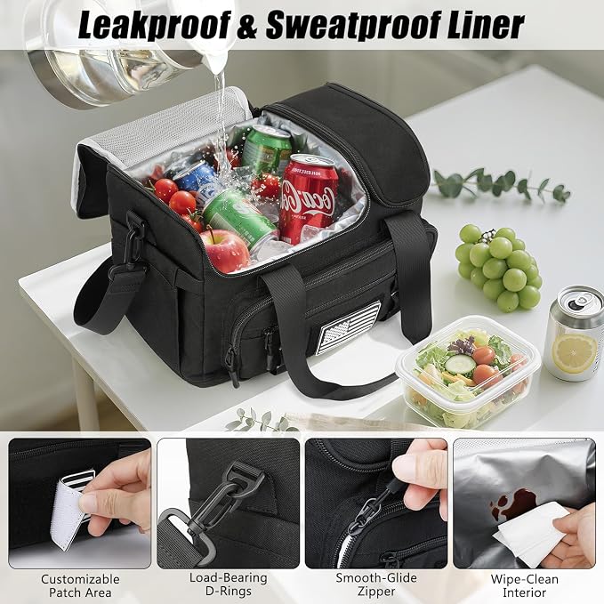 ETRONIK Tactical Lunch Box for Men, 15L Insulated Lunch Bag with Hot/Cold Compartments, Men's Lunch Box Fits 3 Meals + Snacks, Adult Lunch 8H Cooler Bags for Work, Hiking, Beach, Gym, Black