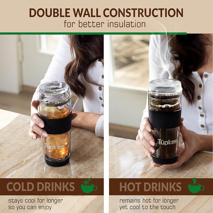 Double Wall All Glass Tumbler - 14-Ounce, Reusable Insulated Tea/Coffee Mug & Lid, Hand Blown Glass Travel Mug - Black - 2 Pack