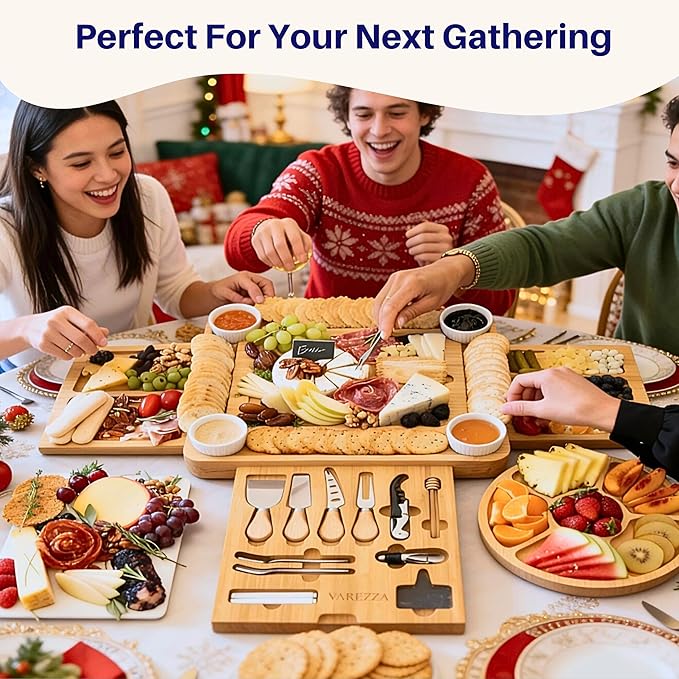 Extra Large Charcuterie Boards Gift Set: Marble Bamboo Cheese Board Set- Unique for Mom, 23 Entertaining Accessories, Christmas, Wedding Gifts for Couple, House Warming Gifts Home