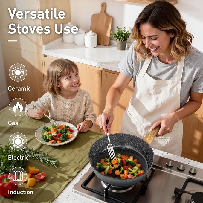 DishDelight Induction Pots and Pans Set Non Stick, 12 Piece Granite Kitchen Cookware Sets, Cooking Pot Set Nonstick Non Toxic, PFOA&PFOS Free, Gray