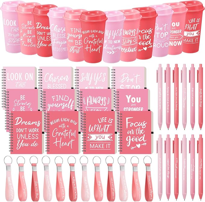 Skylety 12 Sets/48 Pcs Employee Appreciation Gifts 16oz Inspirational Plastic Cups Spiral Notebooks Ballpoint Pens Keychains Bulk Thank You Cup for Employee Coworker (Gradient Pink)