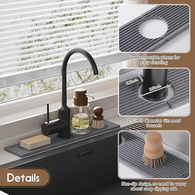 Faucet Mat for Kitchen Sink, Diatomite Quick Drying Tray , 20 Inch Kitchen Sink Splash Guard and Bathroom Stone Tray for Counter. Super Absorben. Deep Grey.
