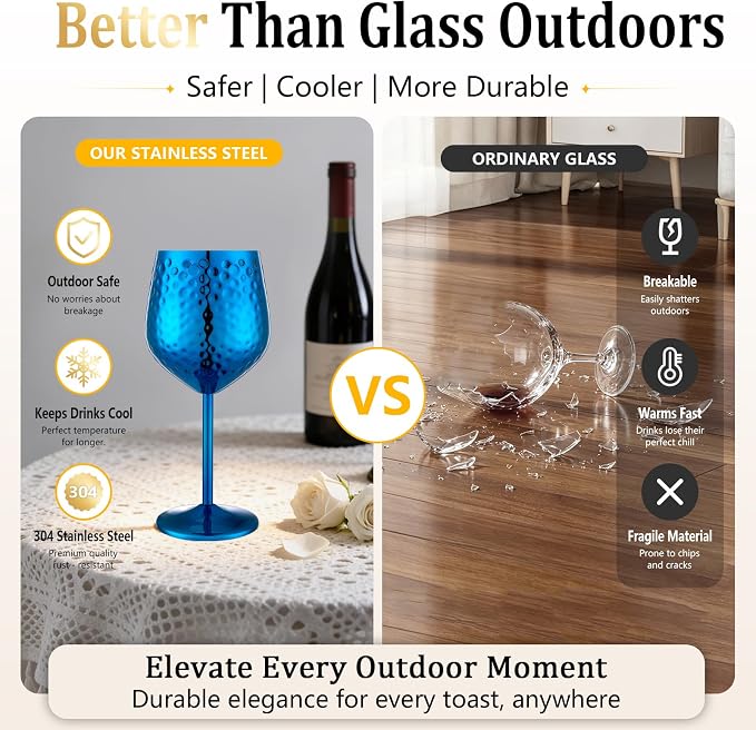 UNISWEET Stainless Steel Wine Glasses Set of 4 Unbreakable (Blue) | 17 oz Large-capacity Hammered Goblets, Lightweight & Reusable, Good for Outdoor, Camping, Pool Travel, Gift for Wine Lovers