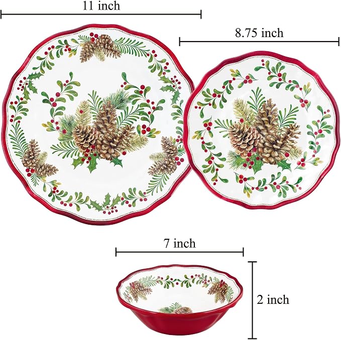 UPware 12 Piece Pinecones Melamine Dinnerware Sets, Outdoor Dishes Set, Plates and Bowls Sets, Christmas Decorations, Service for 4, Red