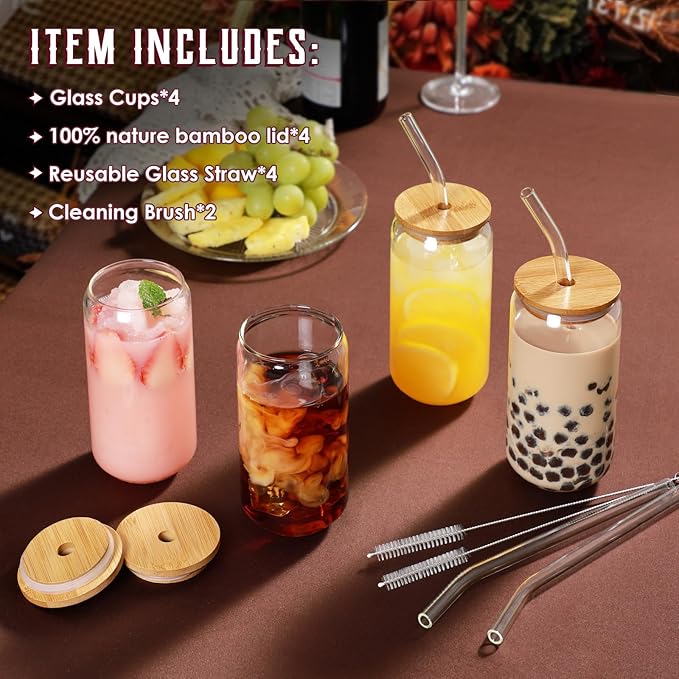 Drinking Glasses with Bamboo Lids and Glass Straw 4pcs Set - 16oz Glass Cups, Iced Coffee Glasses, Cute iced Tea Glasses, Beer Glasses, Ideal for Coffee Bar Accessories, Aesthetic Gift - 2 Brushes