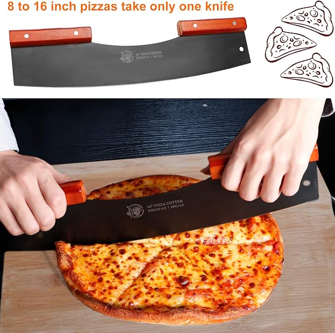 AILUROPODA Pizza Cutter Rocker with Knife Sharpener & Protective Cover 16" Large Pizza Rocker Cutter Sharp Pizza Slicer 30Cr13 Stainless Steel Pizza Knife (Black)