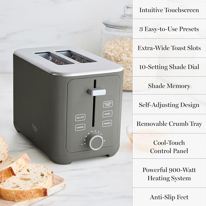 Martha Stewart 2 Slice Toaster, 10 Shade Settings with Defrost, Cancel, Bagel & Gluten-Free, Extra-Wide Self-Centering Slots for Waffles & Artisan Bread, Removable Crumb Tray, Cord Wrap, Caviar Gray