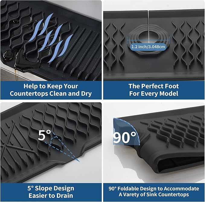 Kitchen Sink Splash Guard 24inch Black Silicone Draining Mat Dish Drying Mats Sponge Holder and Bathroom Countertop Protect Kitchen Sink Splatter Screen